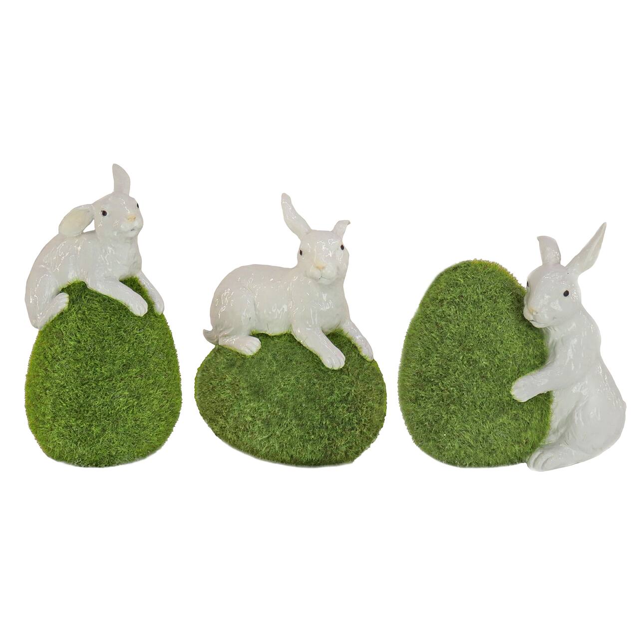 7" White Bunny with Green Moss Egg Décor Set